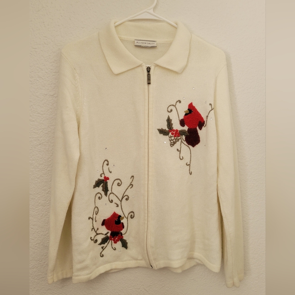 Allison Daley Ivory Zip-Up Knit Cardigan Sweater with Embroidered Cardinals